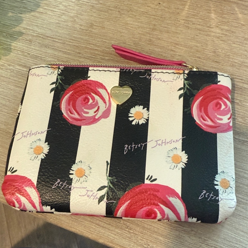 Betsey Johnson Black & White Stripe Floral Zip Pouch - Pink Roses
